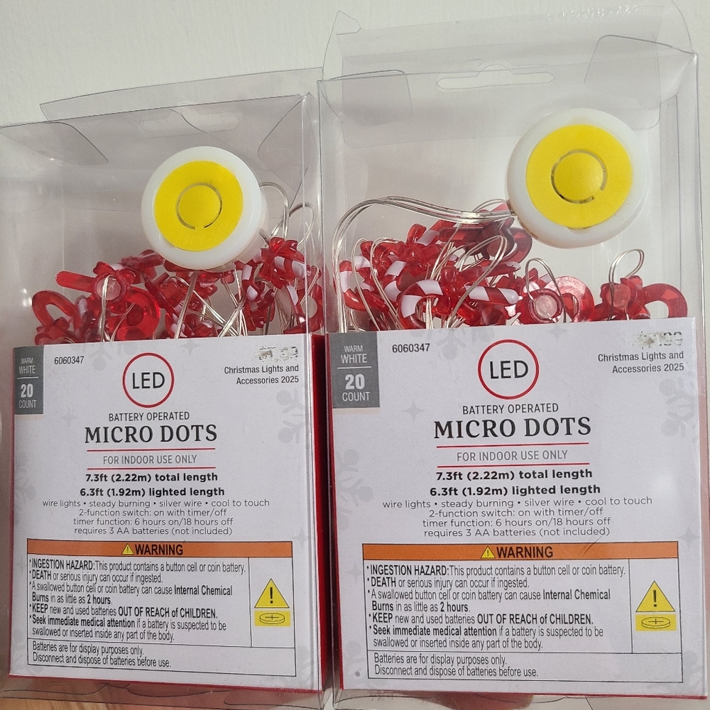 Set Of 2 Festive Candy Cane With Bow Micro Dot String Lights